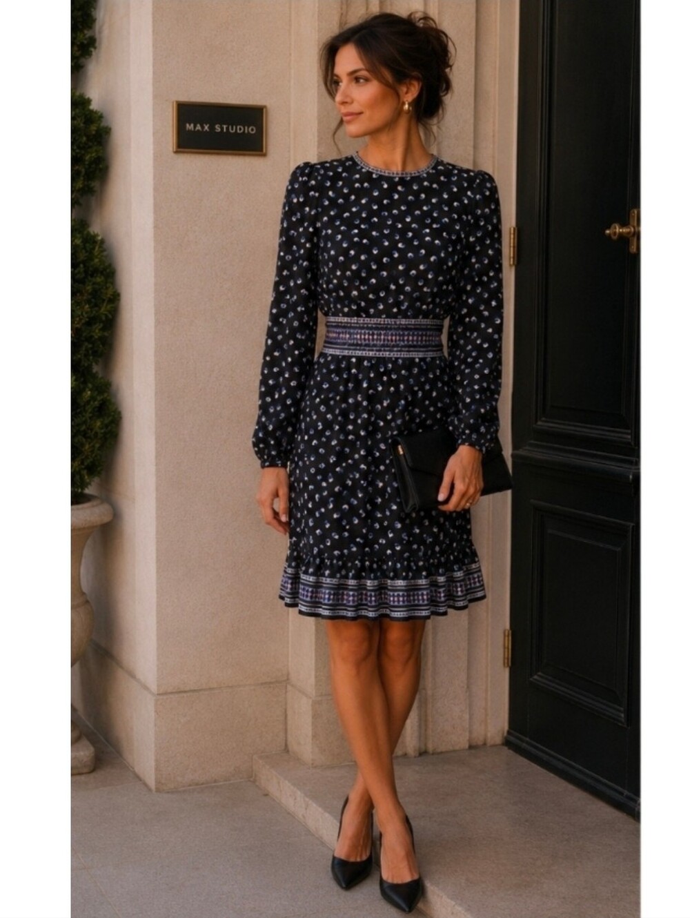 Max Studio Black Blue Ditsy Polka Dot Balloon Long Sleeve Shoulder Pad Dress XS